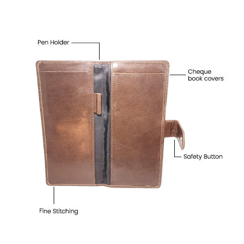 Premium Leather Cheque Book Cover with Pen Holder - Color Brown