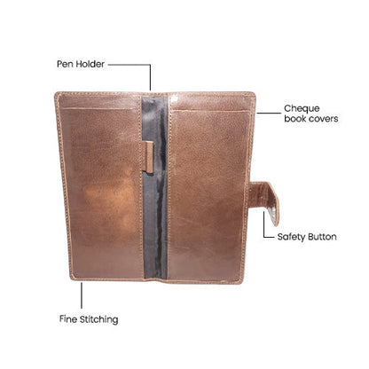 Premium Leather Cheque Book Cover with Pen Holder - Color Brown