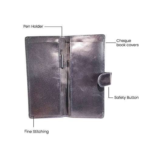 Premium Leather Cheque Book Cover with Pen Holder - Color Black
